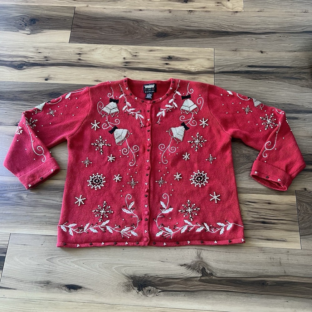 Vtg Red Christmas Sweater Grandma Ramie Beaded Embroidered Bells‎ Snowflake Sz L
